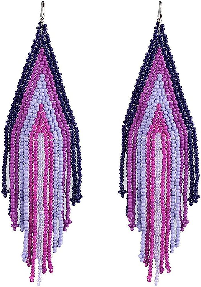 Luluping Long Beaded Tassel Earrings - Big Bohemian Statement Native Beaded Fringe Dangle Earrings f | Amazon (US)