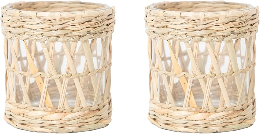 Rustic Cattail Woven Tea Light Holder, Seagrass Glass Candle Holder, Table Candle Holder Decor, V... | Amazon (US)