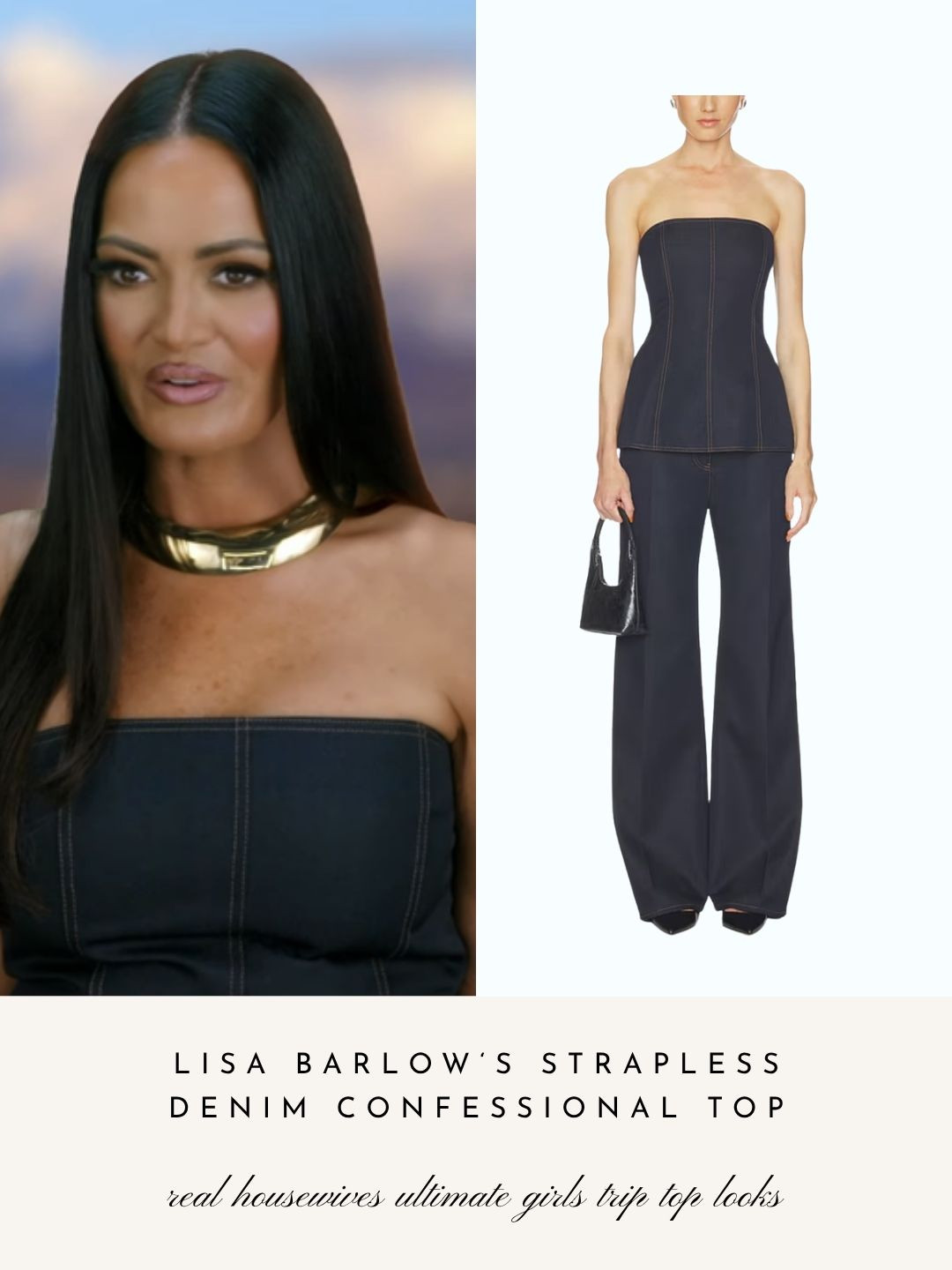 Lisa Barlow's Strapless Denim Confessional Top on Real Housewives Ultimate Girls Trip: Roaring 20's 

 
