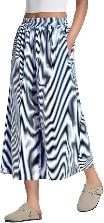 LOMON Womens Wide Leg Capri Pants Cotton Gingham Plaid Culottes Summer Elastic Waist Palazzo Trou... | Amazon (US)