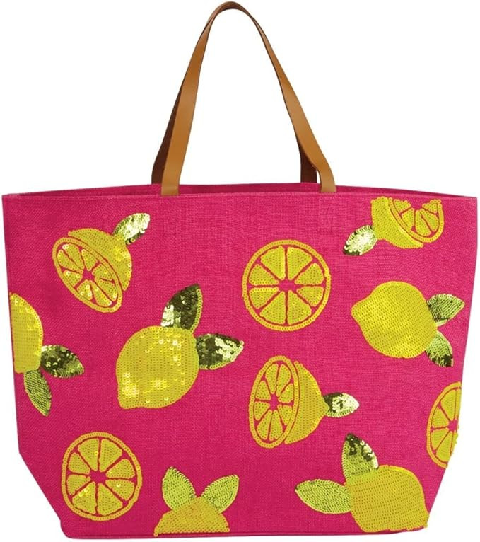 Mud Pie 8613345P Sequin Dazzle Jute Beach Tote Bag, Pink-Lemons | Amazon (US)