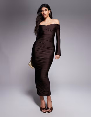 Ruched & Ready You Wish sculpted high shine off shoulder sweetheart neck maxi dress in chocolate | ASOS (Global)
