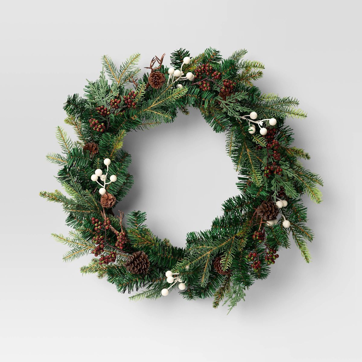 28" Mixed Greenery with White Berries with Pinecones Artificial Christmas Wreath Green - Wondersh... | Target