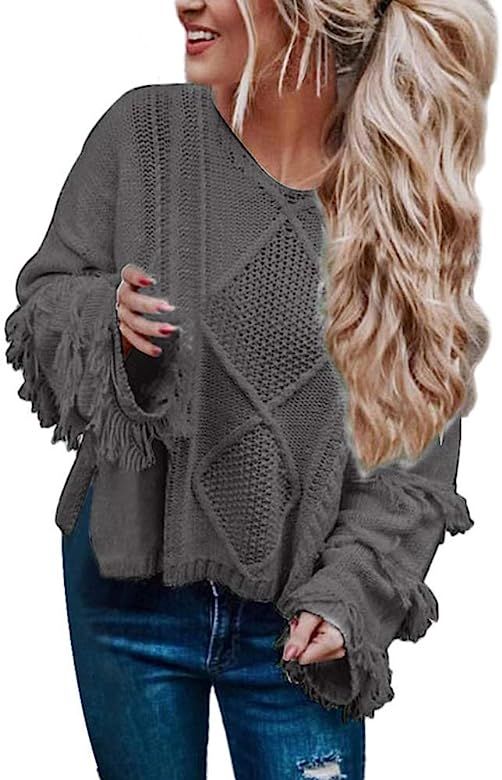 Women Soft Fringe Bell Loose Cable Knit V Neck Sweater Long Sleeve Casual Oversized Pullover Crop... | Amazon (US)