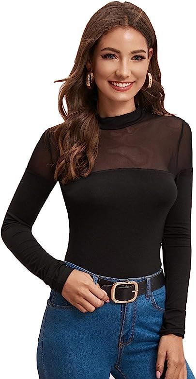 SheIn Women's Mock Neck Sheer Mesh Tops Long Sleeve Solid Tee Blouse | Amazon (US)