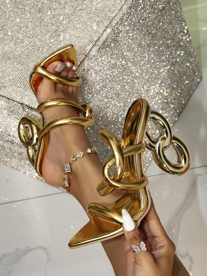Women's Fashionable Pointed Toe Ankle Strap Stiletto Heeled Gold Sandals For Parties And Night Ou... | SHEIN