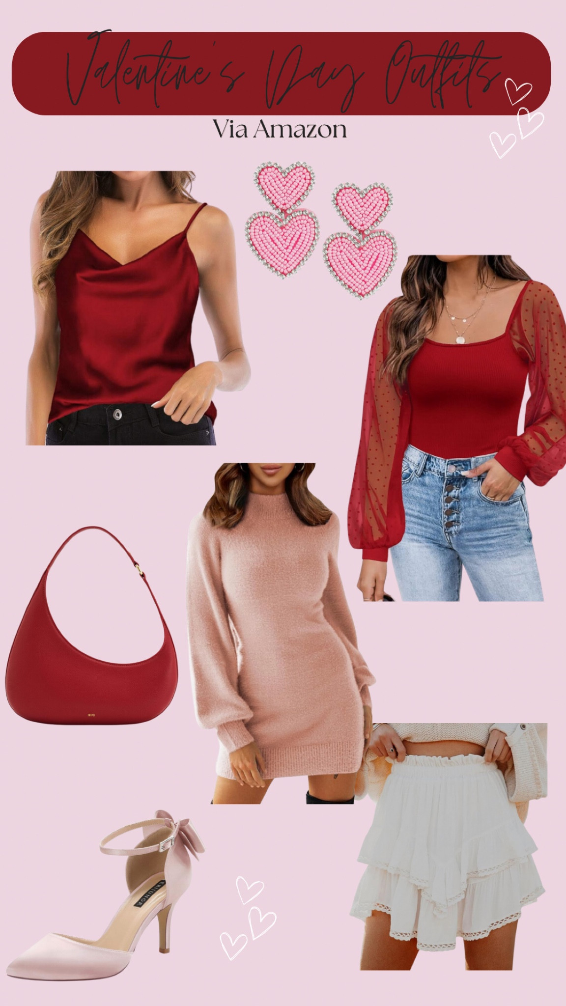 Valentine’s day Outfits 💕
Valentine, date night, Galentines, red satin tank top, fuzzy pink sweater dress, white ruffle skirt, puffy sleeve top, blush kitten heels, asymmetric purse, heart earrings, holiday, trending, amazon, clean girl, boss babe 

#LTKSeasonal #LTKstyletip #LTKsalealert