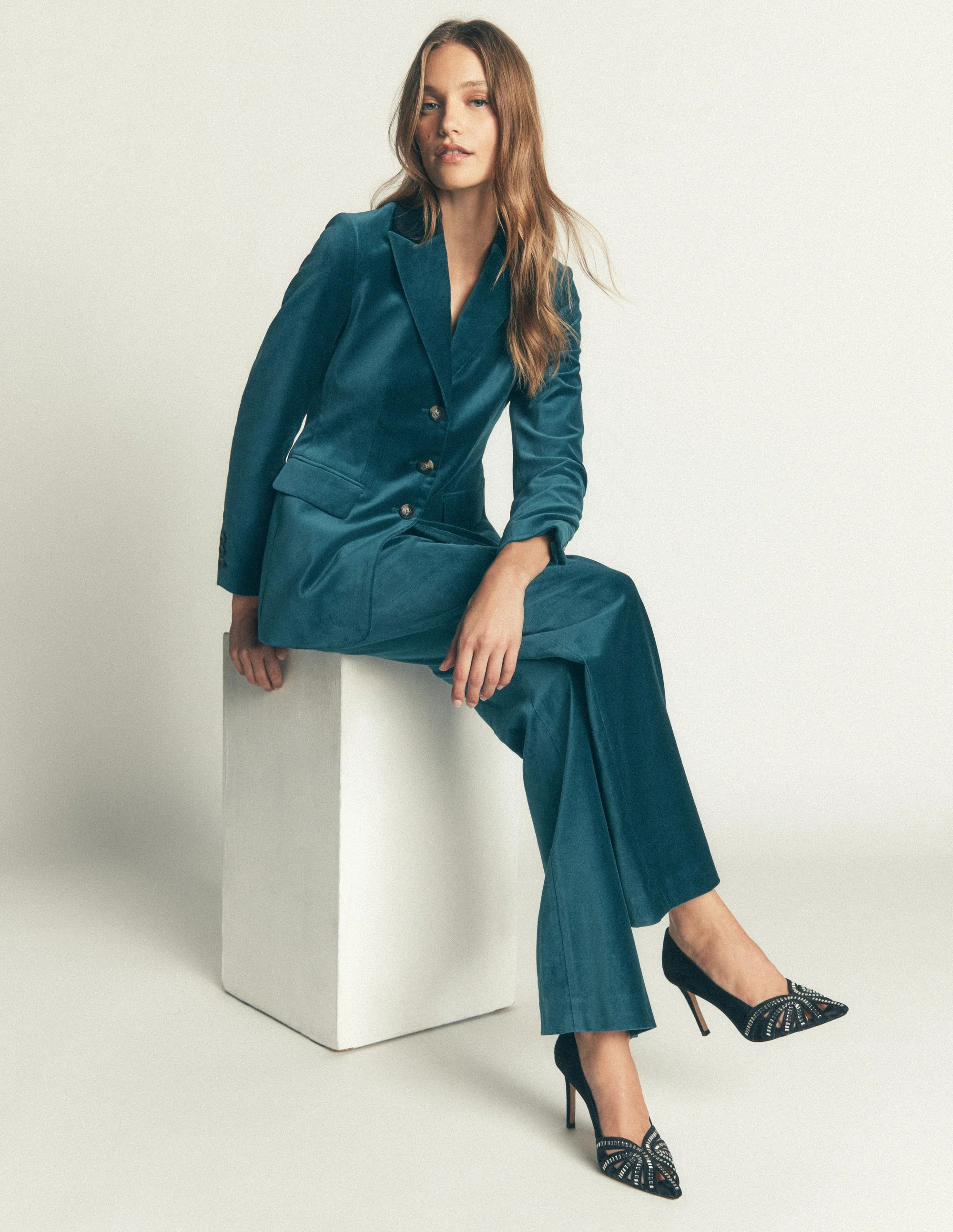 Longline Velvet Button Blazer-Teal Ocean | Boden UK