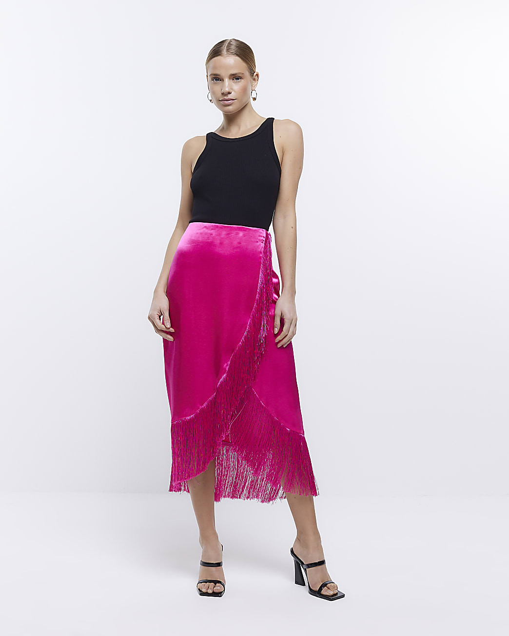 Pink Fringe Wrap Midi Skirt | River Island (US)