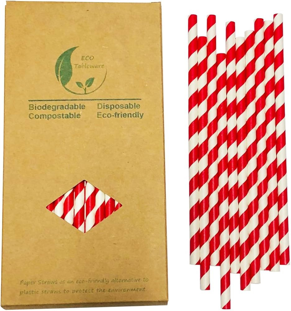 Red Striped Paper Drinking Straws, Pack of 100 Biodegradable Disposable Red Barber Stripes Straws... | Amazon (US)
