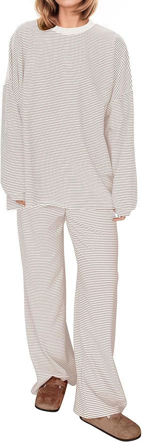 OLAPTA Women Striped 2 Piece Lounge Sets Oversized Tee Tops Wide Leg Pants Matching Outfits Fall ... | Amazon (US)