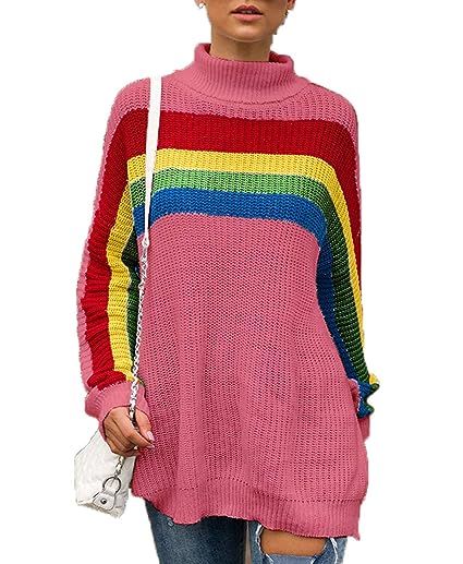 PRETTYGARDEN Women's Loose Knitted Turtleneck Long Sleeve Colorful Striped Rainbow Sweater Oversi... | Amazon (US)