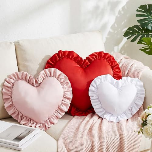Tingjoo 3 Pieces Valentines Heart Throw Pillow for Sofa Bed Decoration Valentines Throw Pillow Red Pink White Love Plush Decorative Cushion Heart Gifts for Women Anniversary Room Bedroom Decor | Amazon (US)