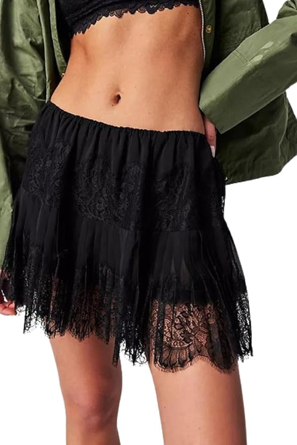 Women Y2k Lace Mini Skirt Low Rise Pleated Ruffle Half Slip Skirt Layered Flowy Short Skirt Stree... | Amazon (US)