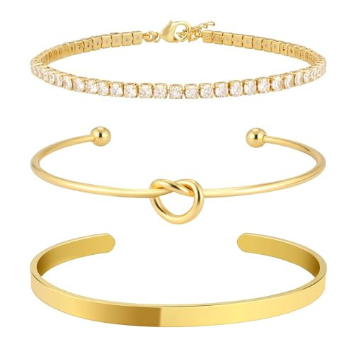 Zalcon Gold Stack Bangle Cuff Bracelets for Women Non Tarnish 14K Gold Plated Tennis Bracelet Set Jewelry for Women Trendy | Amazon (US)
