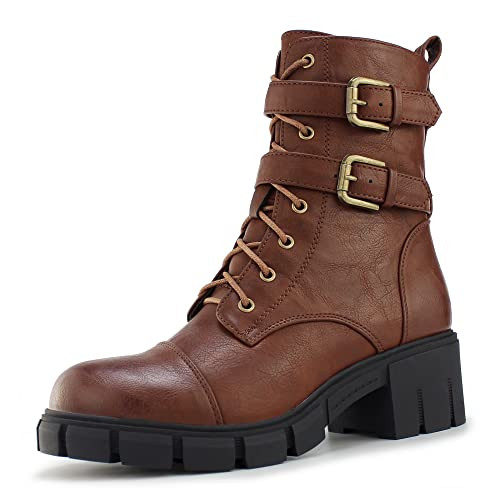 Tobfis Women's Combat Boots Side Zipper Buckle Chunky Heel Ankle Booties,Brown PU,9.5 M US | Amazon (US)
