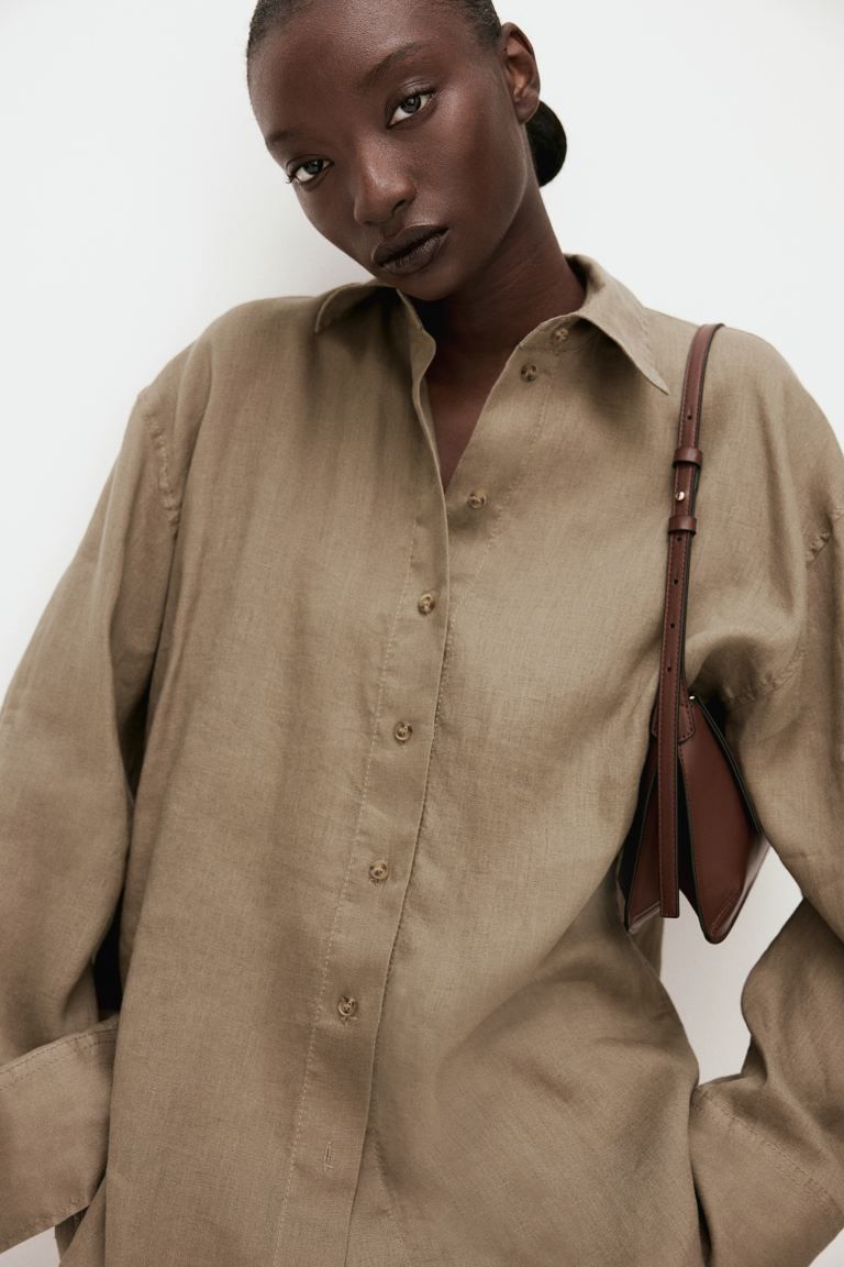 Oversized Linen Shirt - Dark beige - Ladies | H&M US | H&M (US + CA)