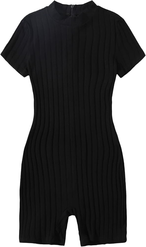 Floerns Women's Solid Mock Short Sleeve Ribbed Bodycon Shorts Romper Jumpsuit | Amazon (US)