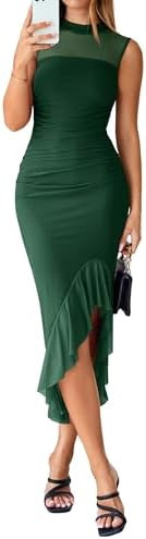 Simplee Women's Bodycon Ruched Sexy Dress Summer Sleeveless Ruffle Hem Mesh Solid Cocktail Weddin... | Amazon (US)