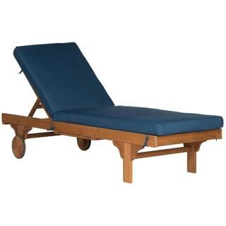 Safavieh Newport Natural Brown 1-Piece Wood Outdoor Chaise Lounge Chair with Navy Cushion-PAT7022... | The Home Depot