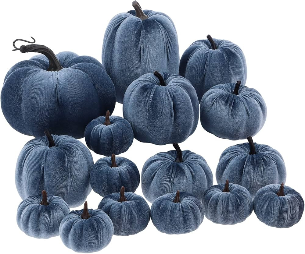 Blue Velvet Fall Harvest Pumpkin Decor Set 5 Sizes Fabric Foam Pumpkins Rustic Wedding Home Decor... | Amazon (US)