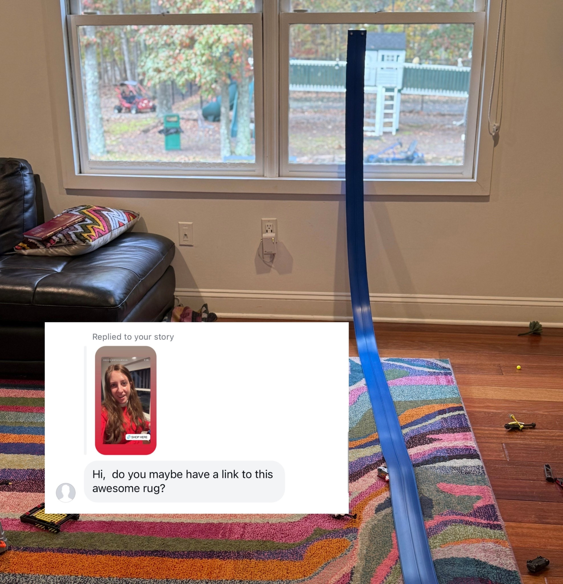 All I saw was a mess- but someone noticed the rug! 
I love the colors on this rug it adds so much fun and life to our family room. Wayfair actually has it on sale for the large size of 10 X 16 

#LTKSaleAlert #LTKFamily #LTKHome