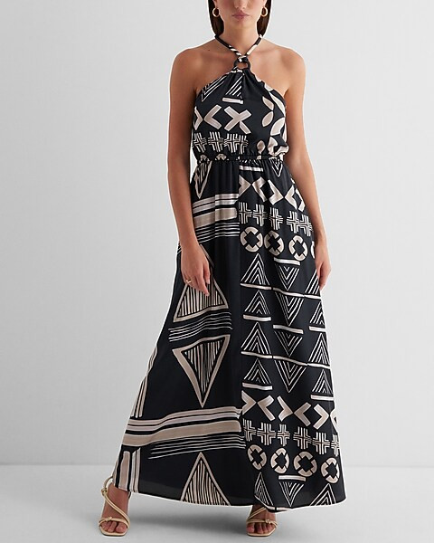 Satin Printed Halter Neck O-Ring Maxi Dress | Express