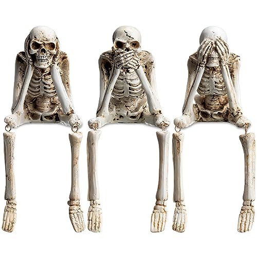Thyle Set of 3 Halloween Statues See Speak Hear No Evil Skeleton Figurines Realistic Skull Decorations for Home Haunted House Halloween Party Decor Favors Shelf Accessories (Bone White) | Amazon (US)