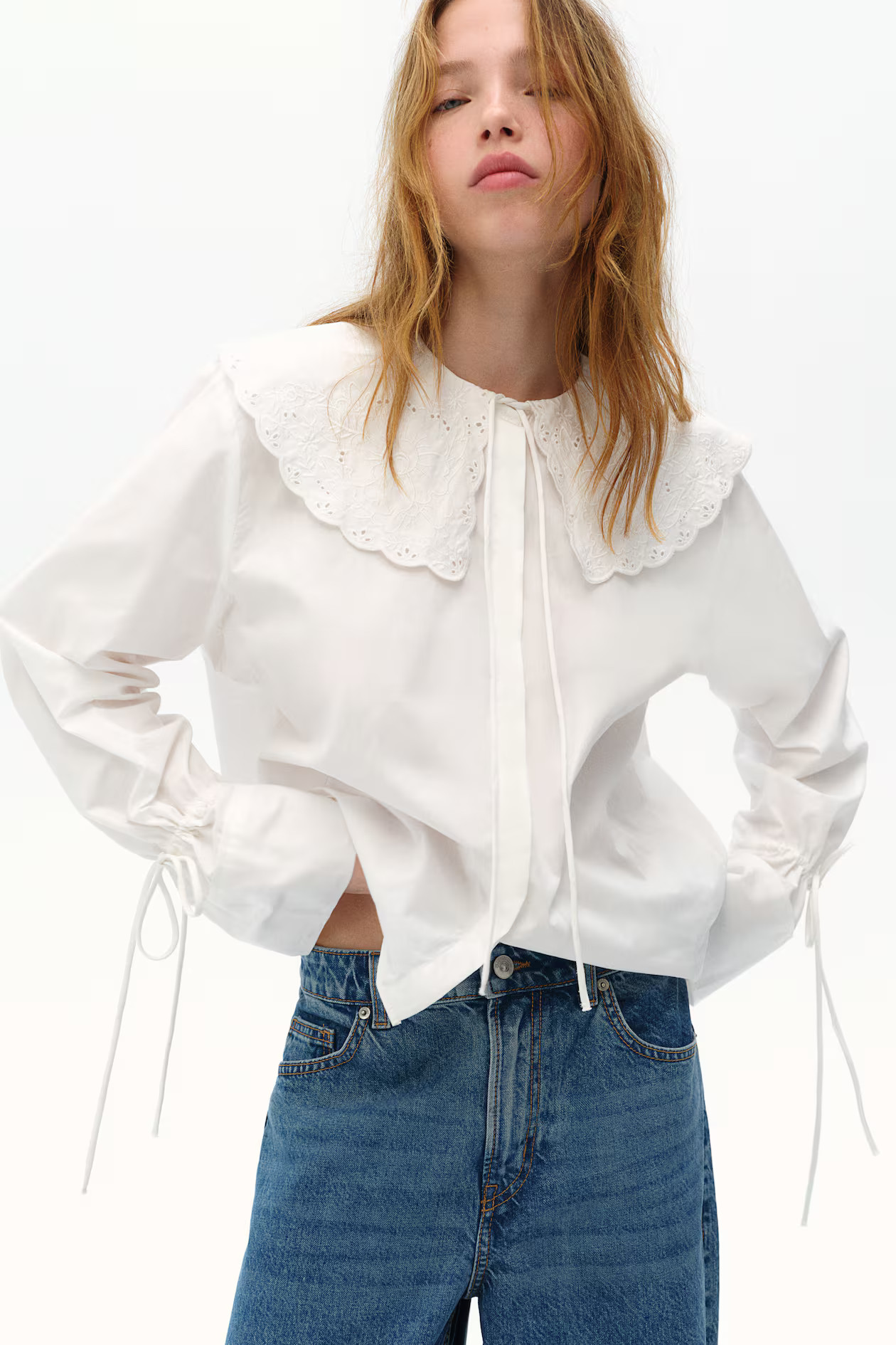 Poplin Blouse with Eyelet Embroidery - Long sleeve - Regular length - White - Ladies | H&M US | H&M (US + CA)