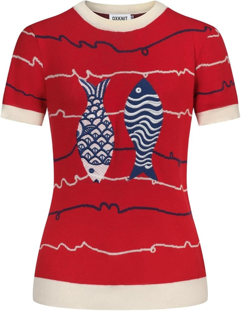 OXKNIT Women's Knit Short Sleeve T-Shirt Vintage Fun Embroidered Fish Pattern Crewneck Red Cotton... | Amazon (US)