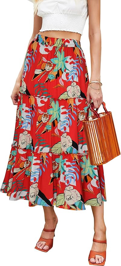 Hibluco Women's Floral Midi Skirts Elastic High Waist A-Line Swing Skirts | Amazon (US)