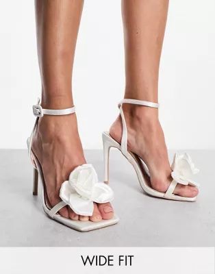 Be Mine Wide Fit Bridal Saniyah heeled sandals with corsage in ivory satin | ASOS (Global)