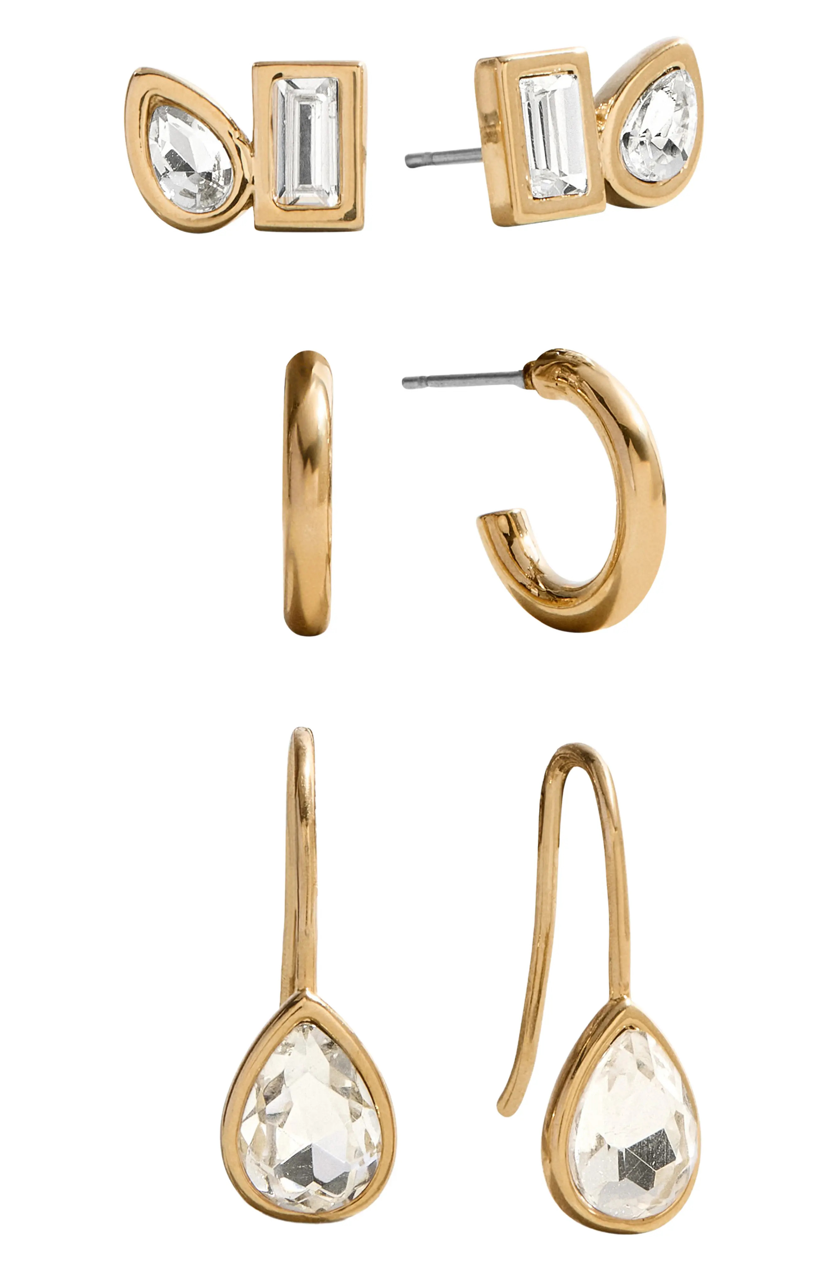BaubleBar Set of 3 Mixed Shape Earrings in Gold/glass Crystal at Nordstrom | Nordstrom