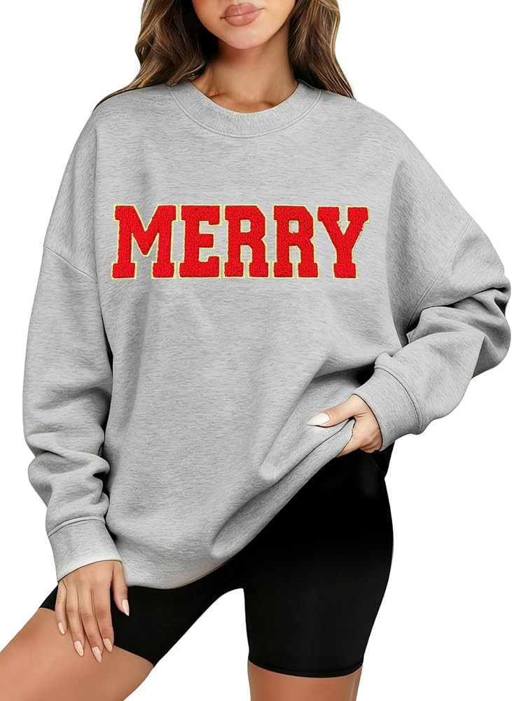 Merry Christmas Sweatshirts Women Fleece Oversized Pullover Merry Letter Chenille Patch Xmas Swea... | Amazon (US)