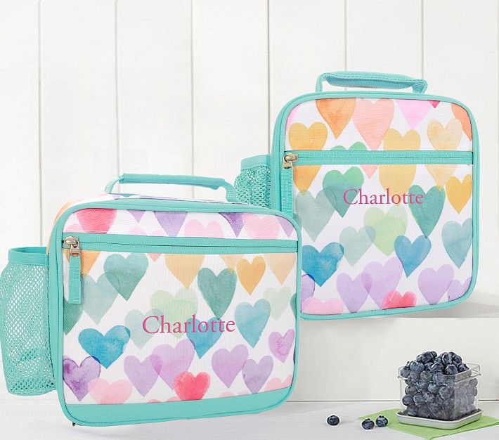 Mackenzie Aqua Rainbow Hearts Lunch Boxes | Pottery Barn Kids