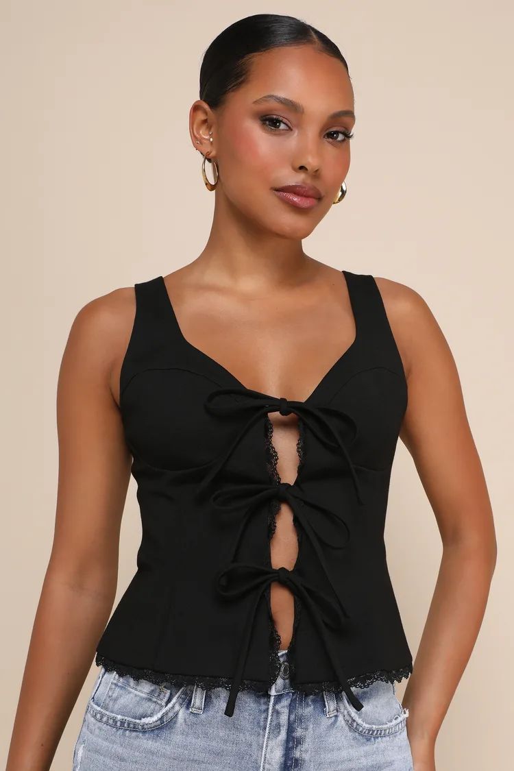 Sweetly Coy Black Sleeveless Lace Bustier Tie-Front Top | Lulus