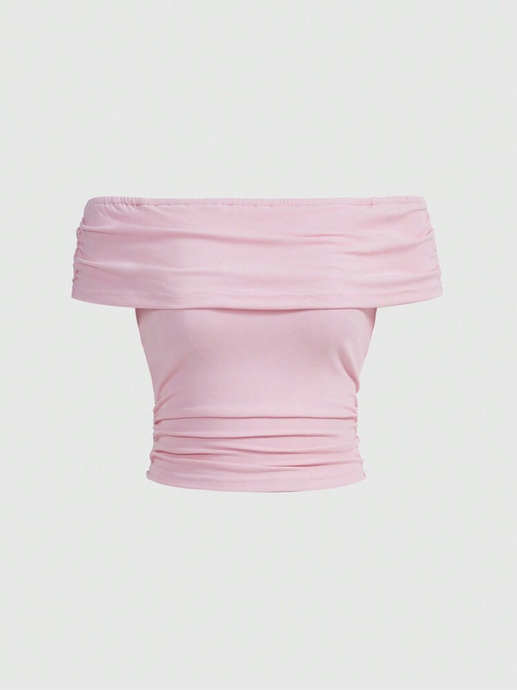 ROMWE Solid Color Off-Shoulder Ruched T-Shirt, School | SHEIN