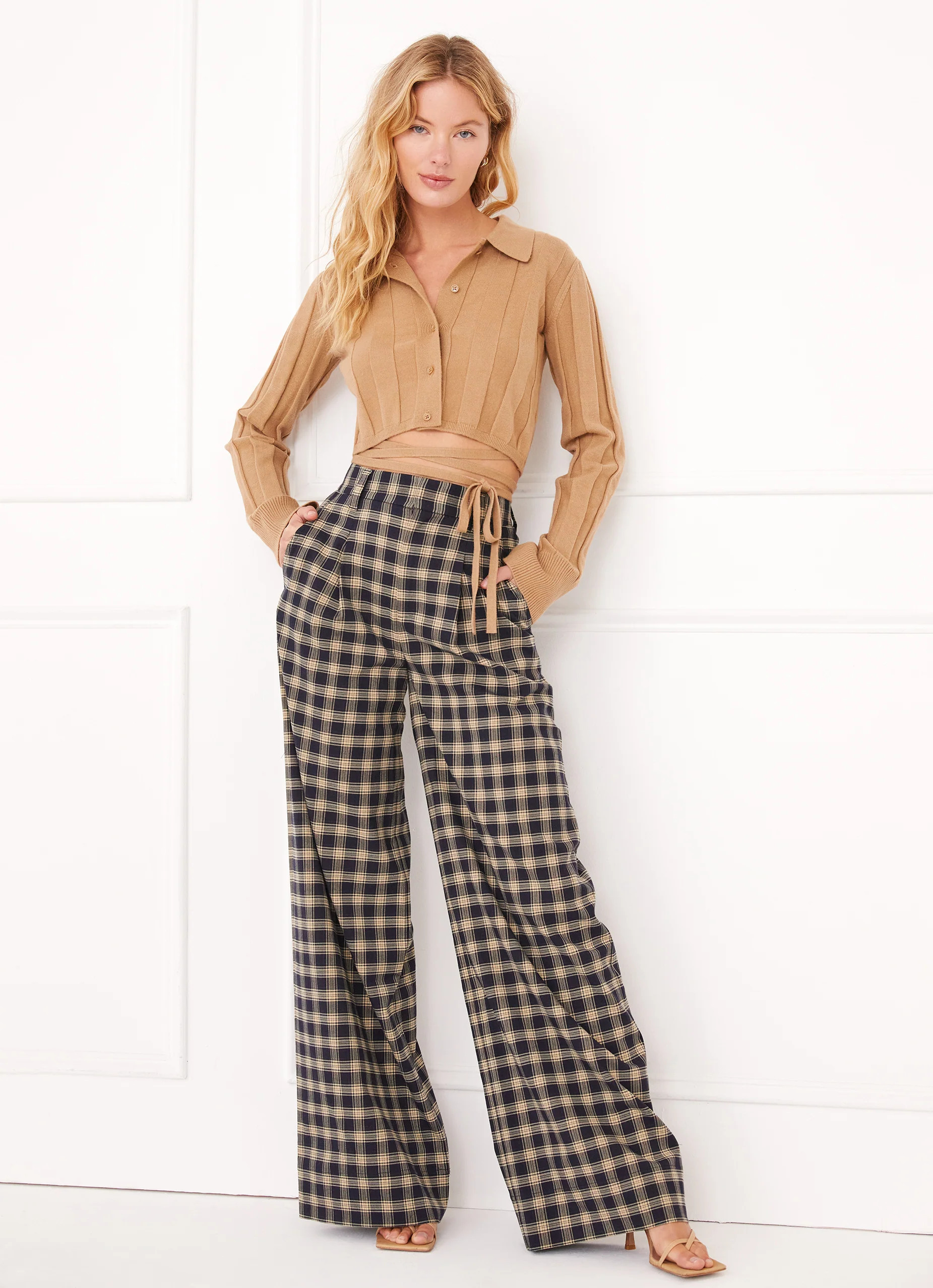 Plaid High Waisted Wide Leg Pants Navy Combo | Something Navy | Something Navy