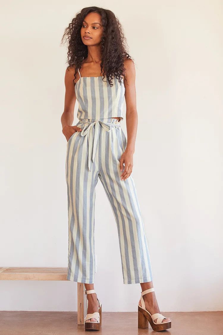 All A-Boat You Blue and Ivory Striped Paperbag Waist Pants | Lulus (US)