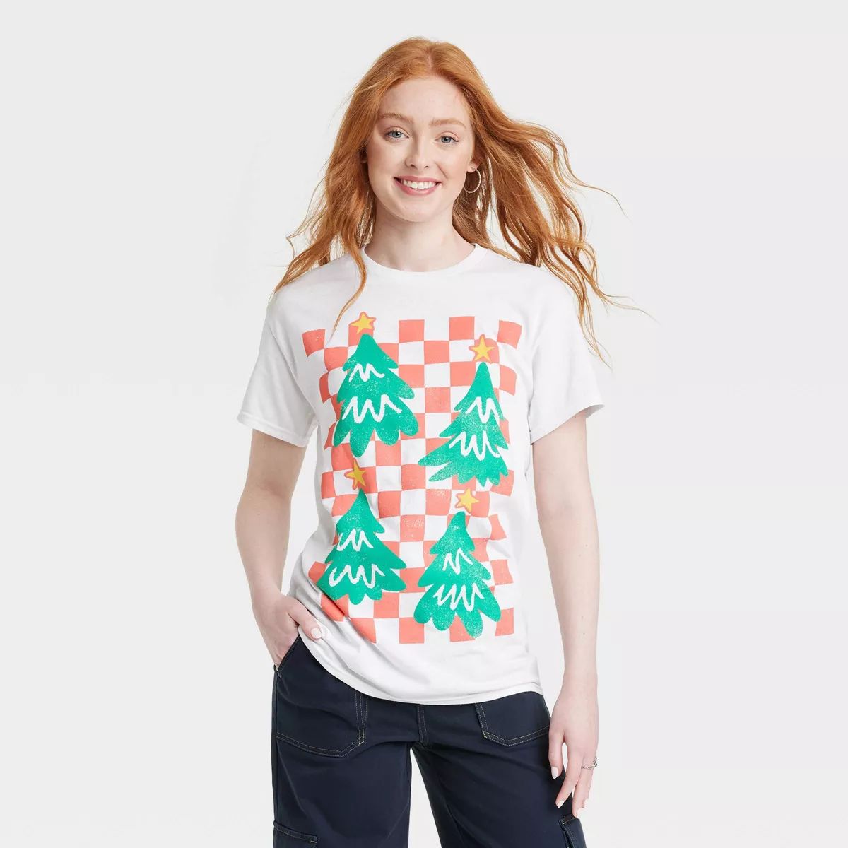 Women's Holiday Checker Short Sleeve Graphic T-Shirt - White S | Target