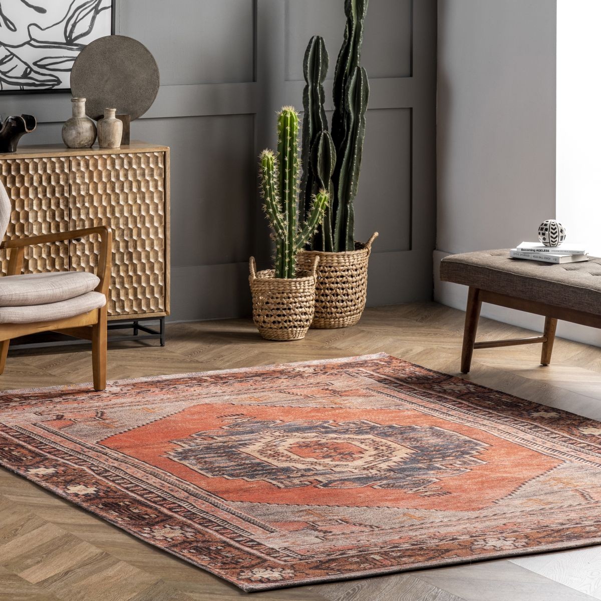 Orange Printed Tribal Medallion Flatweave Area Rug | Rugs USA