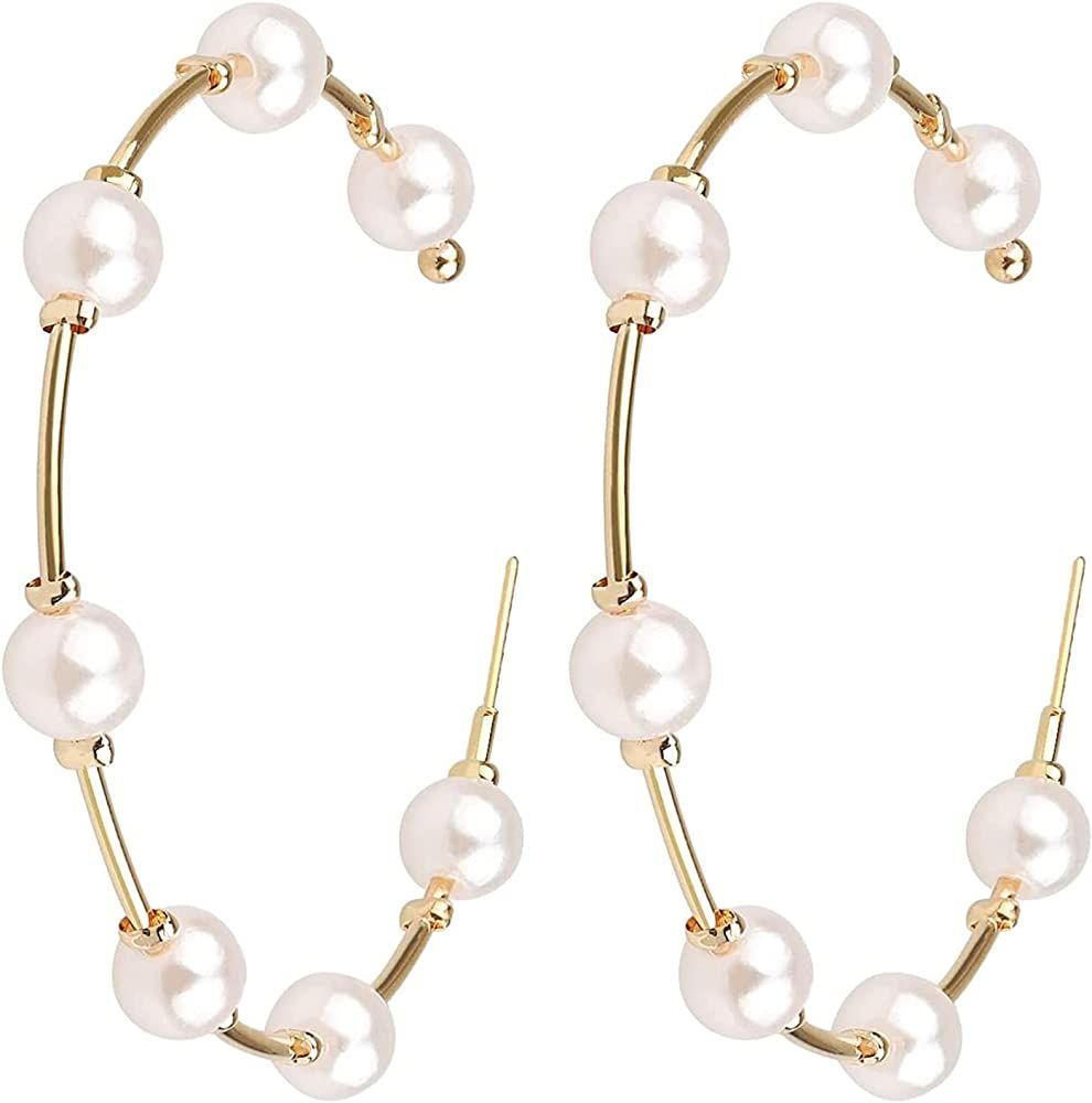 Pearl Earrings Dangle Large Hoops Circle Pearl Hoop Earrings for Women Trendy Hypoallergenic Pear... | Amazon (US)