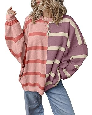 EVALESS Womens Striped Sweaters Long Sleeve Cable Knitted Color Block Casual Loose Lightweight Ov... | Amazon (US)