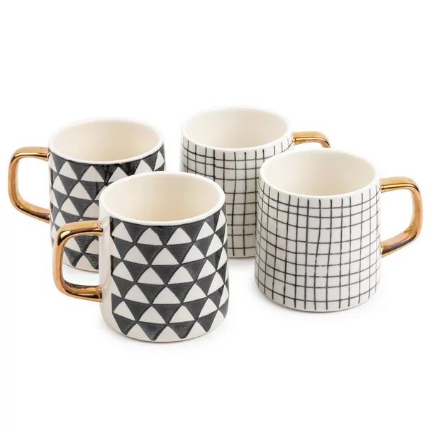 Thyme & Table Drinkware Medallion & Checkered Black & White Assorted Stoneware 15oz Mugs, 4 Pack ... | Walmart (US)