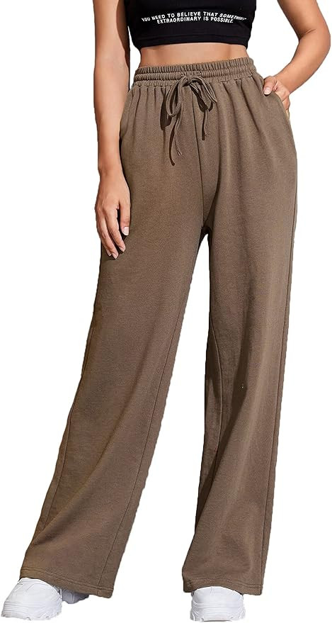 Floerns Women's Solid Drawstring Sweatpants Joggers Straight Leg Pants Mocha Brown XL at Amazon W... | Amazon (US)