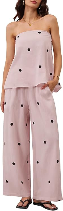 MSBESYOR Women 2 Piece Polka Dot Tube Top Set Strapless Bandeau Blouse Wide Leg Spot Print Pants ... | Amazon (US)