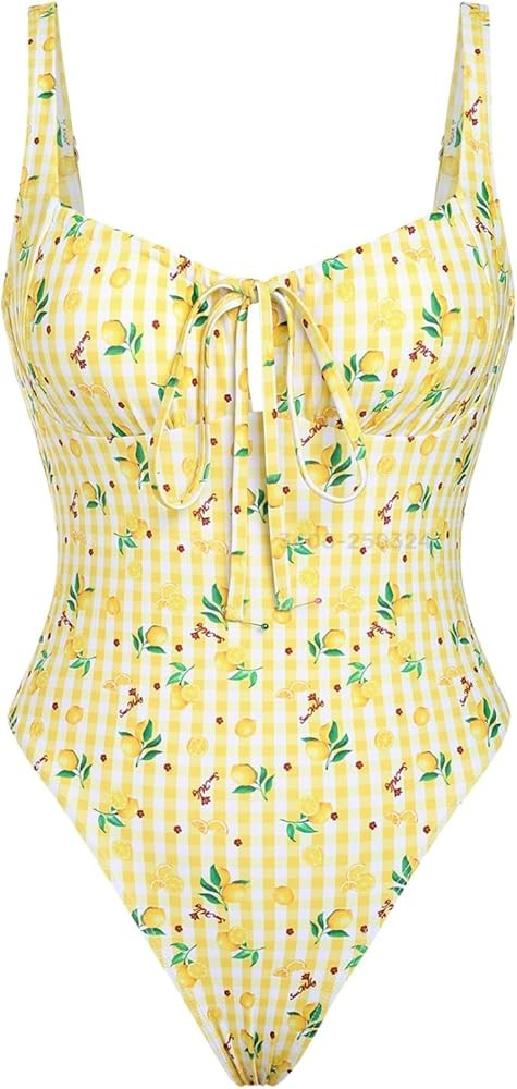 seamoly Blue Gingham Tie Around Criss Cross Backless Plunging Neck One-Piece Swimsuit | Amazon (US)