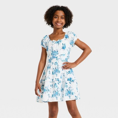Girls' Puff Sleeve Fit and Flare Floral Dress - art class™ Light Blue XL | Target