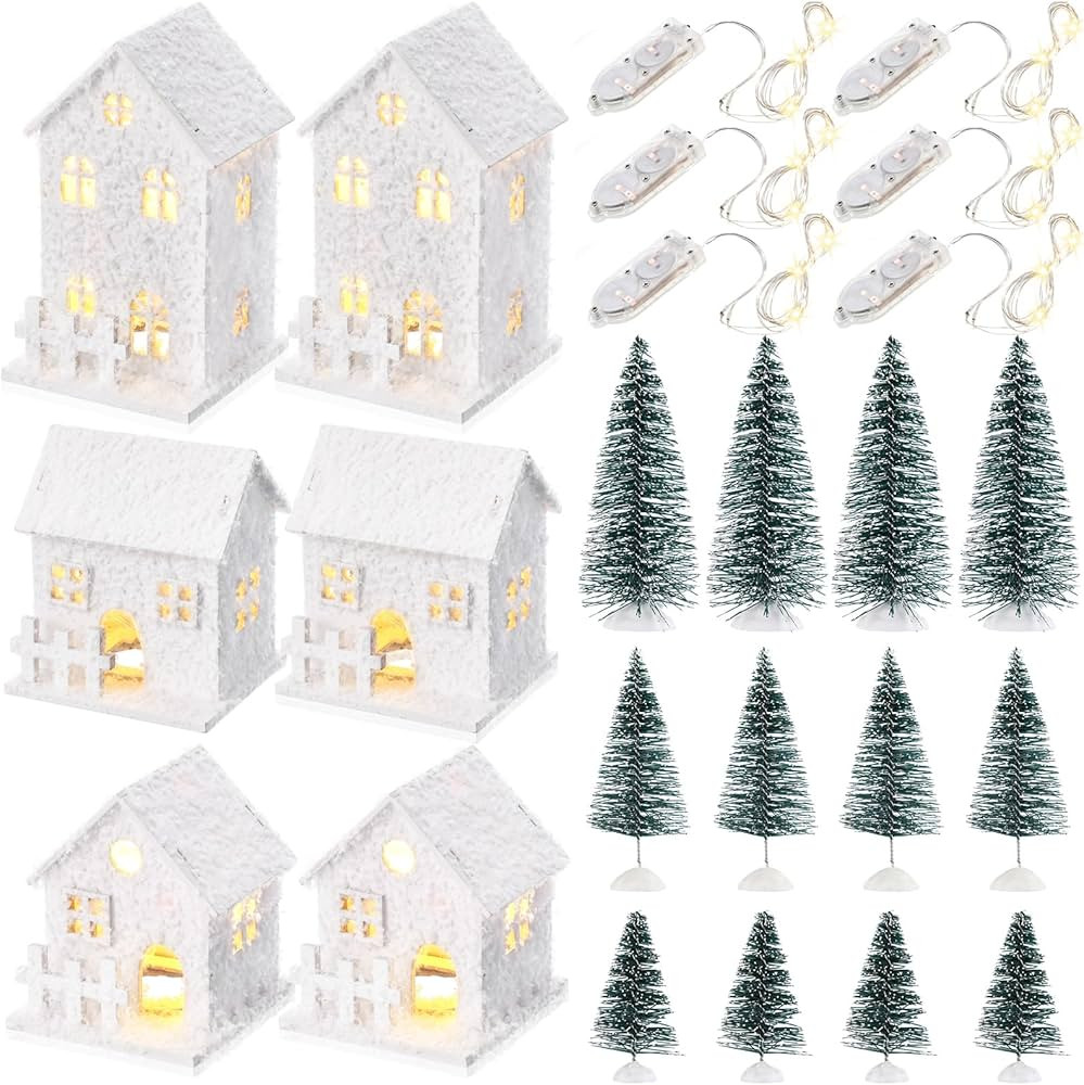 Xinnun 18 Pcs Christmas Village House Includes 6 Pcs Led Mini Christmas Village Houses 12 Pcs Chr... | Amazon (US)