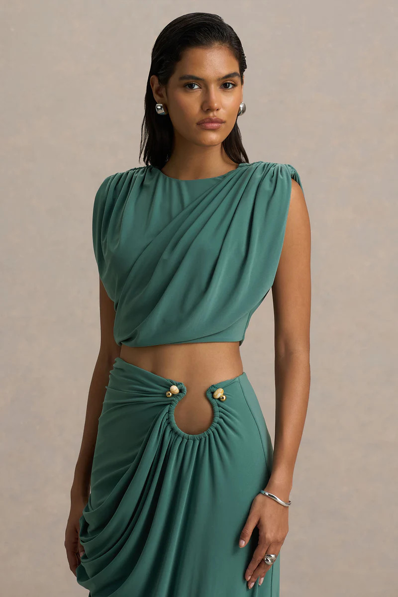 Tilda | Green Crew-Neck Crop-Top With Ruched Detailing | Club L London
